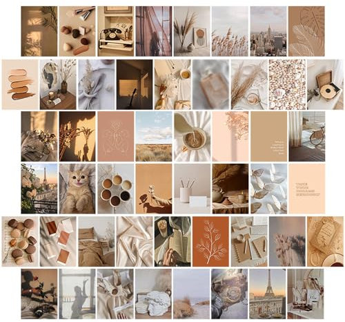Wenrou 50 Stück Boho Stil Collage Druck Set, Premium Wandcollage, Boho Karten Warme Collage Druck Set, Beige Bilder Wand Collage Kit, Zimmer Deko Aesthetic Für Mädchen, Aesthetic Wandcollagen Set