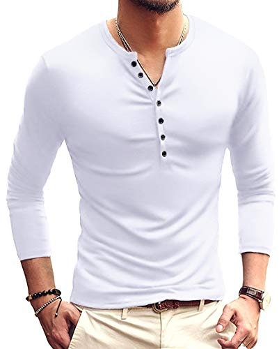 KUYIGO Mens Fashion Casual Front Placket Basic Long Sleeve Henley T-Shirts Tops M White