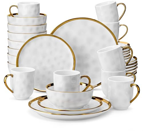 LOVECASA Tafelservice Set, Serie Apollo, 32-teilig SWEET Geschirrset aus Porzellan, Weiß Geschirr Set mit Goldrand, Kombiservice für 8 Personen mit Speiseteller, Dessertteller, Schalen und Tassen