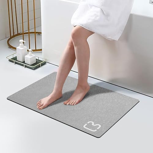 Diatomaceous Earth Bath Mat Rugs Super Absorbent Diatomite Stone Bath Mat Non Slip Quick Dry Thin Bathroom Mat Fit Under Door, Floor Rugs in Front of Bathtub, Shower Room, Sink,15.7x23.6, Grey