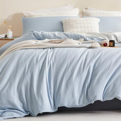 Sedefen Housse de Couette 240x260 cm Bleu + 2 Taies d'oreillers Gaufré Broderie Élégant Parure de Lit Adulte 2 Personnes à Carreaux Housse de Couette avec Fermeture Éclair