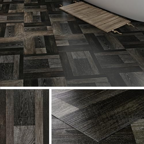 Livelynine Vinyl Flooring Tiles Wood Effect Retro Dark 30x30 Floor Tiles Self Adhesive Black 32-Tiles Peel and Stick Vinyl Floor-Tiles Bathroom Kitchen Waterproof Sticky Floor Tile Living Room Bedroom