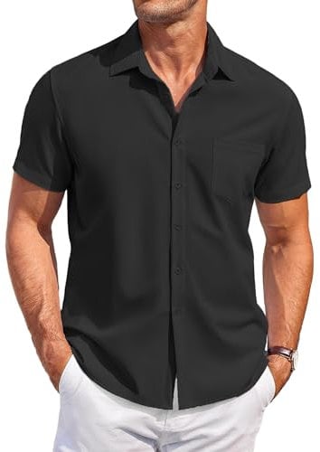 COOFANDY Men's Shirt Short Sleeve Casual Shirts Business Regular Fit Shirt Summer Beach Button Down Shirts with Pocket Black L