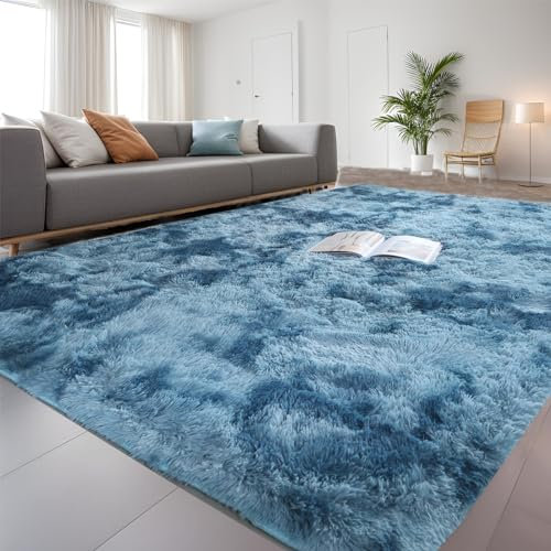 QUINZI Weiche Teppich 180x270 Hochflorteppiche Moderne Flauschige Teppich Schlafzimmer Wohnzimmer Kinderzimmer Zottelteppiche rutschfeste teppiche(Blau)