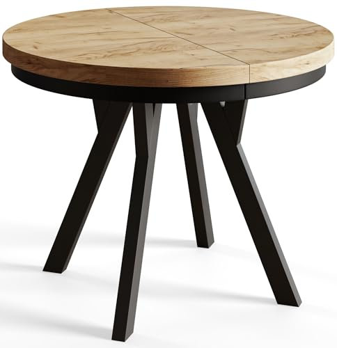 AlpiMeble Runder Esszimmertisch EVO, ausziehbarer Tisch Durchmesser:100 cm bis 200 cm, Wohnzimmertisch Farbe: Craft, mit Holzbeinen in Farbe Schwarz
