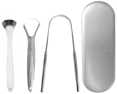 4 Raspador de Lengua de Paquetes, Limpiador de Lengua de Metal, Raspador de Lengua Reutilizable, para Limpieza de Lengua para Una Higiene Bucal Óptima (Plata)