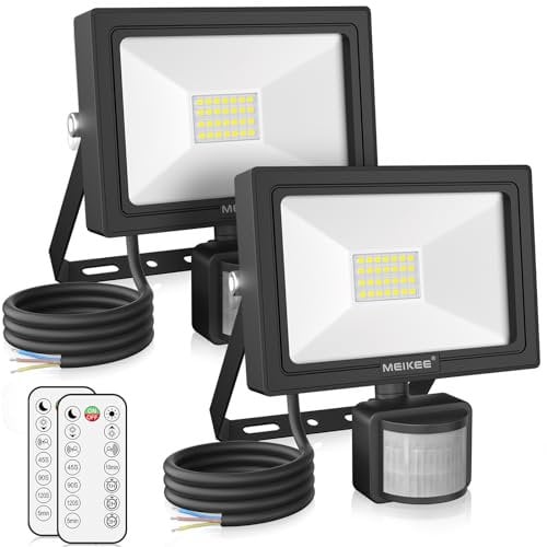 MEIKEE 25W LED Strahler mit Bewegungsmelder Fernbedienung 2100 LM 6500K Kaltweiß Superhell 3 Modi 10 Helligkeitsstufen Außenstrahler IP66 Wasserdicht Scheinwerfer für Garten Garage Sportplatz 2 Stücke