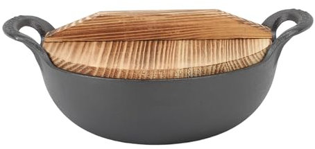 Cryfokt Cast Iron Wok, Flat Bottom 14.2 Inch Fry Pan Small Wok Pan with Wooden Lid, Hand Hammered Iron Woks Set for Grilling, Frying, Steaming (20cm), Cryfokto382s96cf7-11