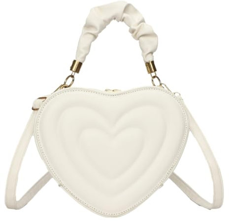 LERONO Damen Handtasche im koreanischen Stil mit Crossbody-Gurt, modisch, solides PU-Leder, Herzform, kleine Umhängetasche zum Einkaufen, weiß