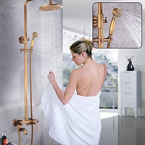 Système de douche rétro avec thermostat et mitigeur en laiton - Ensemble de douche avec douche à effet pluie doré - Montage mural - Bec de baignoire cascade - Salle de bain