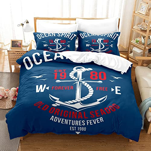 ZZTBQ Nautisch Anker Bettwäsche 220x240 Bettbezug Erwachsener 220 x 240 Ozeananker Seemann Navy Blau Bettwäsche-Sets 220x240 aus Mikrofaser mit Reißverschluss