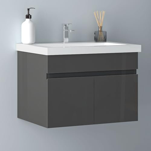 Biubiubath Badezimmer Badmöbel 60cm Mineralguss Waschtisch mit Unterschrank Hängeschrank Hochglanz Dunkelgrau Badezimmerschränke Badschrank mit 2 Soft-Close Türen
