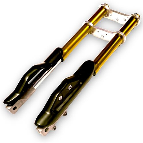 Red Circles Gold Upside Down Mini Dirt Bike Forks – Complete Setup, 540mm Length, 35mm Leg Diameter, 12mm Axle, Includes Top/Bottom Yoke & Covers, Fits 47cc & 49cc Mini Dirt Bikes, NOT for DR Bikes