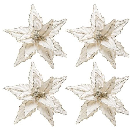 Mokylor 4 fiori di stella di Natale in velluto, 25,4 cm, grandi fiori artificiali a forma di stella di Natale glitterati, ornamenti per fai da te, ghirlande per albero di Natale, feste di Capodanno