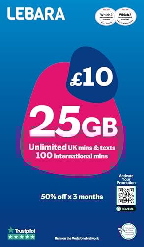 Lebara SIM Card: 25GB for £5, Half Price for First 3 Months, No Contract, UK Calls, UK Texts and International Calls Included, Multi-size, Fits All Devices