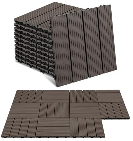 ISOISL 55er Set WPC Terrassenfliesen, 30x30cm Balkonfliesen Klickfliesen, WPC Fliesen für 5m², Bodenbelag mit Drainage und Klicksystem, Terrassendielen Wasserfest, für Balkon Terrasse, Kaffee