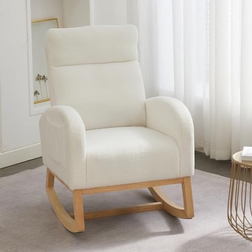 DEKKETO Teddy Nursing Rocking Chairs for Adults, Nursery Rocking Chair for Mum, High Backrest Boucle Armchairs with Wood Base and Side Pocket, Comfy Glider Chair for Living Room Bedroom, Ivory