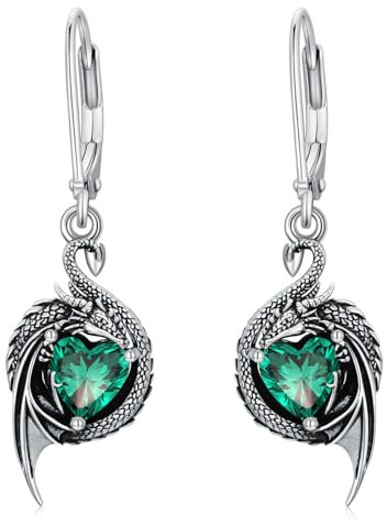 LONAGO Drache Ohrringe für Damen 925 Sterling Silber Schwarzer Drache mit Geburtsstein im Herzschliff Ohrhängern (Mai)