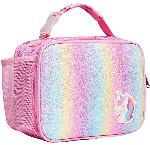Bagseri Isolierte Kühltasche Kinder - Groß Lunchtasche Kinder für Mädchen mit Flaschenhalter, auslaufsicher Lunchbox Kühltasche Klein für Picknick Schulen, Glitzerndes rosa Einhorn