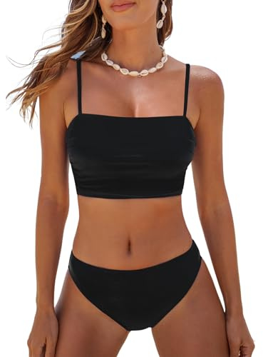 CUPSHE Ensemble bikini deux pièces pour femme - Haut bandeau - Col carré - Taille mi-haute - Froncé - Bretelles spaghetti