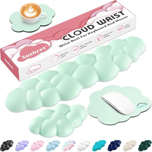Sushret Cloud Wrist Rest for Computer Keyboard, 4-in-1 Memory Foam Leather Cloud Keyboard Wrist Rest and Mouse Pad Set with Ergonomic Support for Arm and Palm Cushion, Gaming/Work Setup, Light Green