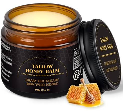 Beef Tallow Creme, Rindertalg Creme, Tiefe Hydratation & Feuchtigkeitscreme, Gefütterter Rindertalg und Honigbalsam für Empfindliche, Trockene Haut, Beef Tallow Honey Balm 60g