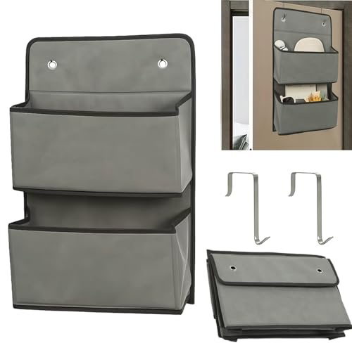 Hängeaufbewahrung Tür mit 2 Fächer und 2 Haken, 50 x 20.5 cm Hängeorganizer | Tür Organizer Hängend, Grau Hängender Organizer, Türregal zum Einhängen, für Bad, Schlafzimmer, Kinderzimmer, Camper