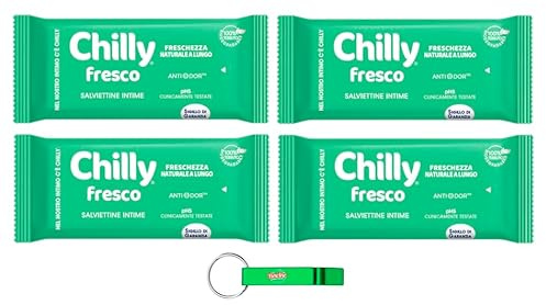 4x Chilly Intimhygiene Tücher Frisches - lang anhaltende natürliche Frische - mit natürlichem Menthol- Jede Packung enthält 12 Tücher + Beni Culinari Kostenloser Schlüsselanhänger