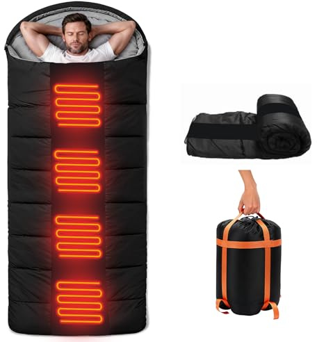 Longzhuo Heated Sleeping Bag for Adults, Extra Large for 4-Season Camping | 650FP Insulation,USB power support, 3 Adjustable Temp Settings, Compact for Camping, Hiking & Backpacking with Stuff Sack