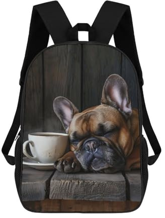 sinyumoney Sac à dos avec motif chats noirs et arc-en-ciel avec poche imprimée en 3D, sac à dos de voyage, sac d'école pour enfants, Tasse à café Bouledogue français, 17
