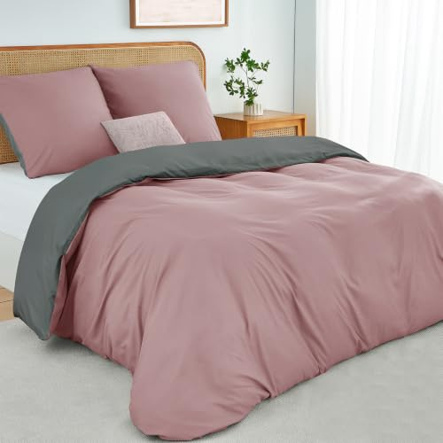 Duvetnova Housse de Couette 240x220 cm, Douce Et Légère, Séchage Rapide, Design Réversible, Fermeture Éclair, Oeko-TEX – Parure de Lit Rose/Gris, 1 Housse de Couette + 2 Taies d’Oreiller 80x80