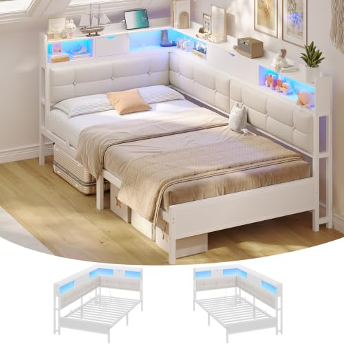 AOGLLATI 3ft Single Bed Frame with Storage (Beige, 3ft Single-90x190cm) | Day Bed with Charging Station Corner Bed Frame Sofa Bed Frame with LED Lighting,Upholstered Headboard,Beige Linen,No Mattress