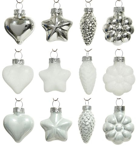 Christmas-Decorations 12 Weihnachtskugeln Glas Mini-Mix (Weiss/Silber) Weihnachtsbaum Deko Kugeln Weihnachten Set Christbaumschmuck Weihnachtsbaumschmuck (Herzen, Sterne, Zapfen, Blumen) Mischung Mix