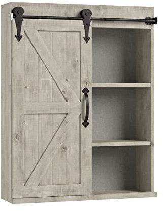 Kate and Laurel Cates - Armario de almacenamiento decorativo de pared de madera con puerta corredera de granero, gris rústico