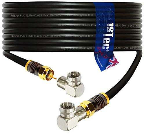 1STec 10m Male Right Angled Virgin Media Extension Cable Lead Gold Plated F-connectors for Digital TV V6 TiVo Set Top Box or Vivid Fibre Super Hub Broadband Modems (10 Metre Black)