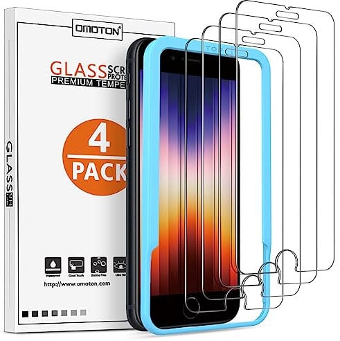 OMOTON [4 Stück Glasfolie Kompatibel mit iPhone SE 2022/iPhone SE 2020/ iPhone 8/7/6/6s, für iPhone SE 3 Schutzfolie mit Positionierhilfe, 9H Härte, Anti-Kratzen, Anti-Öl, Anti-Bläschen
