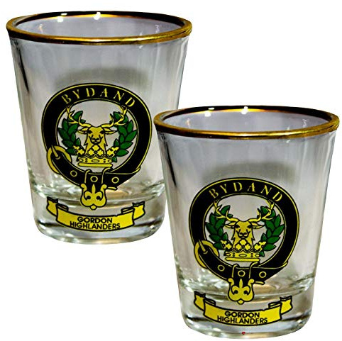 I LUV LTD Shot Glass Wee Dram Gordon Highlanders Clan Crest Set of 2 Whisky Tots