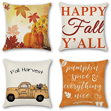 Artscope 4er-Set Dekorativ Kissenbezug 45 x 45 cm, Herbst-Thema Polyester Leinen Kissenbezüge Dekokissen Kissenhülle Set Kissen Fall für Sofa Auto Schlafzimmer Zuhause Dekor (Ahornblatt/Kürbis/LKW)