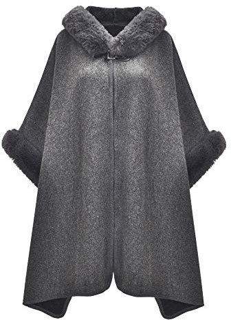 ZLYC Damen Winter Umhang Strickjacke Warm Kunstpelz Mäntel Poncho Cape mit Kapuze(Grau),Einheitsgröße
