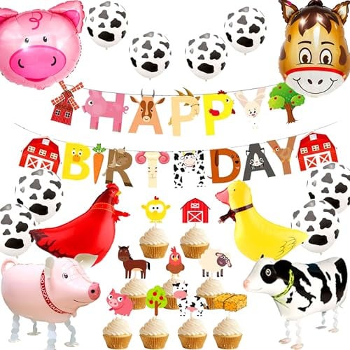 JeVenis Bauernhof Geburtstag Deko Bauernhof Tier Partydekorationen Entenhuhn Kuh Schaf Schwein Esel Geburtstag Ballon Tierfolienballon