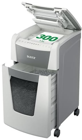 Leitz IQ Autofeed Office Aktenvernichter, 300 Blatt Papierstapel schreddern, Zeit sparen mit automatischem Einzug, Partikelschnitt P4, 60L Abfallbehälter, Leiser Betrieb für Büro, 80150000