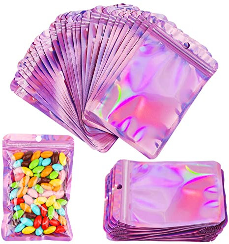 Mylar Foil Ziplock Bags, 100Pcs Resealable Smell Proof Food Storage Bags, Holographic Packaging, Clear Flat Foil Pouch for Home, Coffee Beans, Outdoor, Cookies, Jewelry (10 * 15cm, Pink)