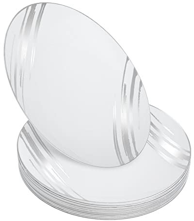 STACKABLES Lot de 20 assiettes en plastique dur ~ Assiettes blanches avec motif argenté ~ Assiettes légères et élégantes pour fête