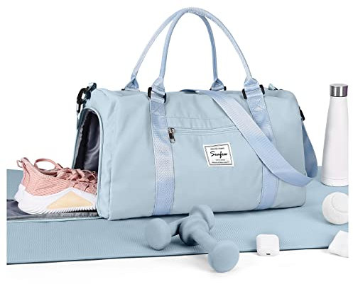 Sport Duffel Bag Damen,Handgepäck 45x36x20 für Ryanair Cabin Bag Sporttasche mit Nassfach & Schuhfach Reisetasche Handgepäck Tasche für Easyjet Flugzeug Weekender Bag Schwimmtasche,Hellblau