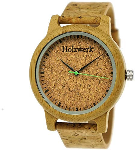 Holzwerk Germany Handgefertigte Unisex Damen-Uhr Herren-Uhr Öko Natur Vegan Holz-Uhr Armband-Uhr Analog Klassisch Quarz-Uhr mit Kork Armband und Ziffernblatt