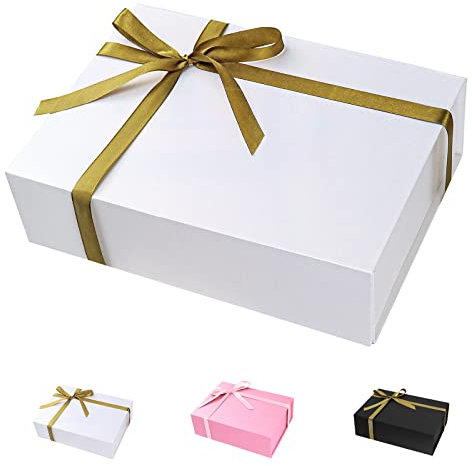 Geschenkbox mit Deckel, Weiß Geschenkbox mit Gold Schleifenband und Geschreddertes Papier, Magnetische Geschenkboxen Groß für Hochzeit Geburtstag Weihnachten Jubiläum