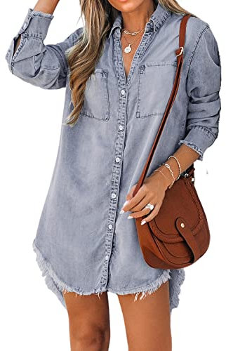 CUPSHE Women Denim Shirt Mini Tunic Dress Casual Oversized Autumn Long Sleeve Frayed Hem Tops Blouse with Pockets Light Blue S