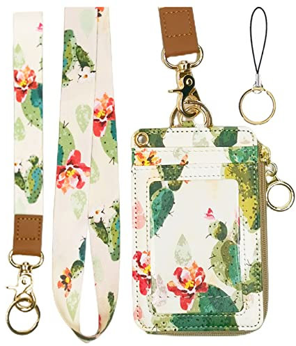 Schlüsselband mit Brieftasche, Reißverschluss-Ausweishülle mit Schlüsselband, Ausweishalter Schlüsselband Brieftasche für Frauen, modische Schlüsselband Brieftasche (Kaktus)