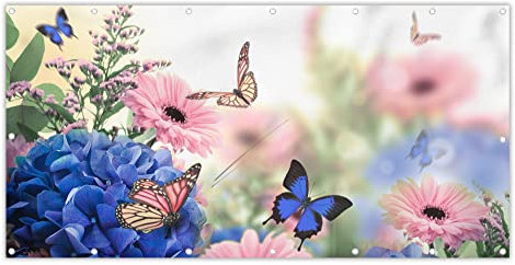 MuchoWow® Balkon Sichtschutz Sichtschutzmatte Balkonbanner Abdeckung für Terrasse Balkon Windschutz Blickdicht Wetterfest 200x90 cm Schmetterlinge - Blumen - Hortensien - Insekten