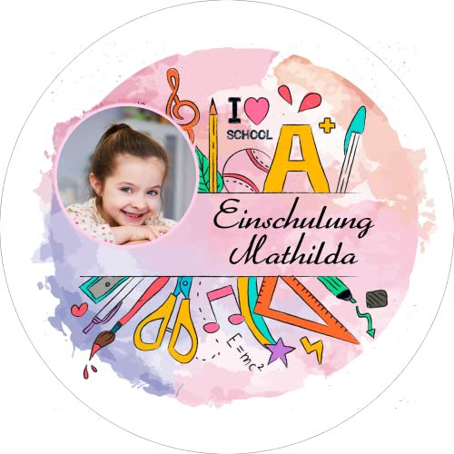 Tortenbild/Tortenaufleger individuell Name und Bild zur Einschulung - rosa rund